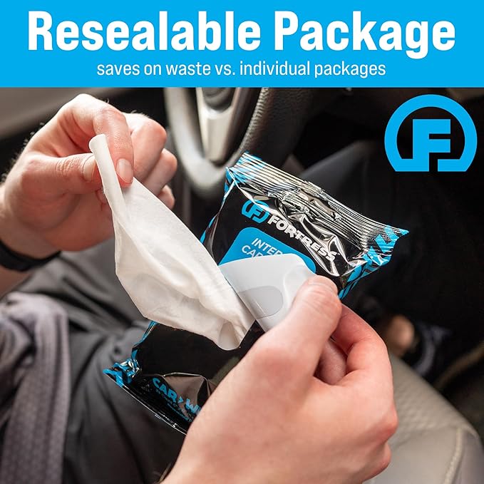 Fortress Car Interior Wipes with Microfiber Cloth (25 ct, Pack of 62) for Car Interior Cleaning, Dashboard, Seats, Detailing, and Steering Wheel [Travel Size] Skin-Safe Car Interior Cleaner Supplies