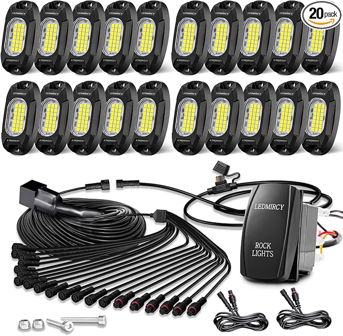 Rock Lights,LEDMIRCY R6 LED Pure White Rock Lights 20PCS with Rocker Switch Wire Harness Kit Super Brigh Luces para Carro for Trucks Off Road ATV SUV High Power Light Waterproof Shockproof