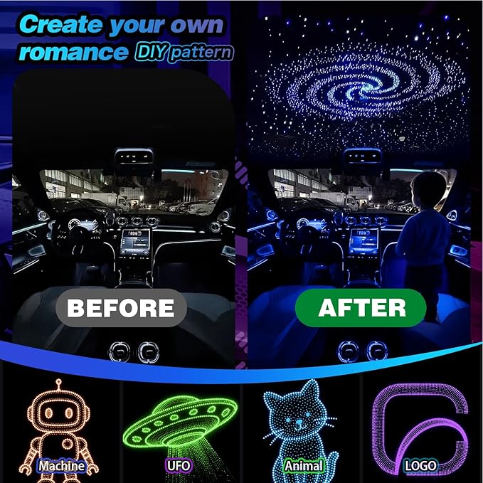 Split Starlight Headliner Kit - 600pcs 0.02in 4.9ft Fiber Optic RGBW Star Lights for Car with 2 Light Heads 16W Engine Easy to Hide,Flexible Wiring,APP/Remote Control for Car Roof Ceiling