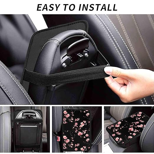 Nice Sakura Blossom Black Car Auto Armrest Cushion Cover Accessories Center Console Seat Box Pad Protector Universal Decoration for Most Vehicle SUV Truck