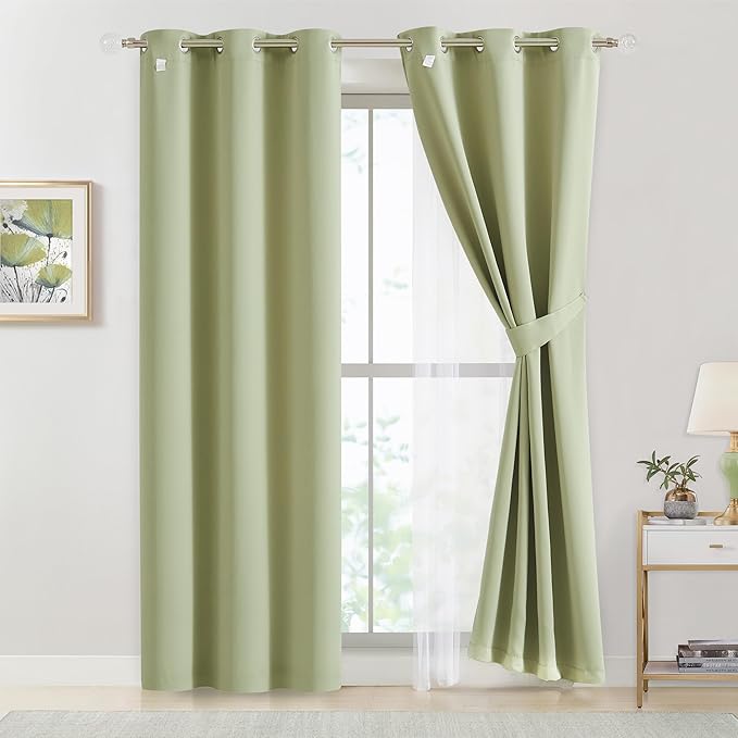 Bujasso Sage Green Blackout Curtains with Sheer Overlay Mix and Match Double Layer Thermal Insulated Window Panels 102 inch for Living Room Bedroom Green Drapes with Tiebacks Grommet Top 54"Wx102"Lx2