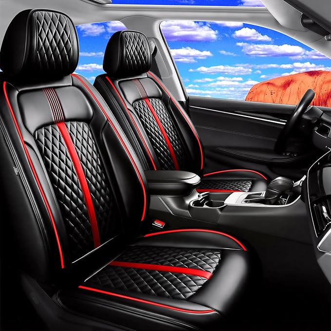 Fit Colorado Car Seat Covers for Select Chevy/Chevrolet Colorado 2015-2026 - Premium Full Coverage Leather, Waterproof & All Weather Seat Cushion Protector, Full Set, Black with Red Trim
