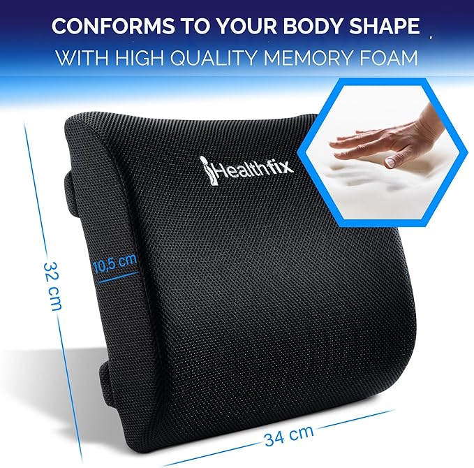 Healthfix® Ergonomic Lumbar Support Pillow – Expertly Designed in Germany – Improves Posture & Relieves Back Pain – Memory Foam Back Cushion for Office Chair & Couch - Medium (130–200 lbs)