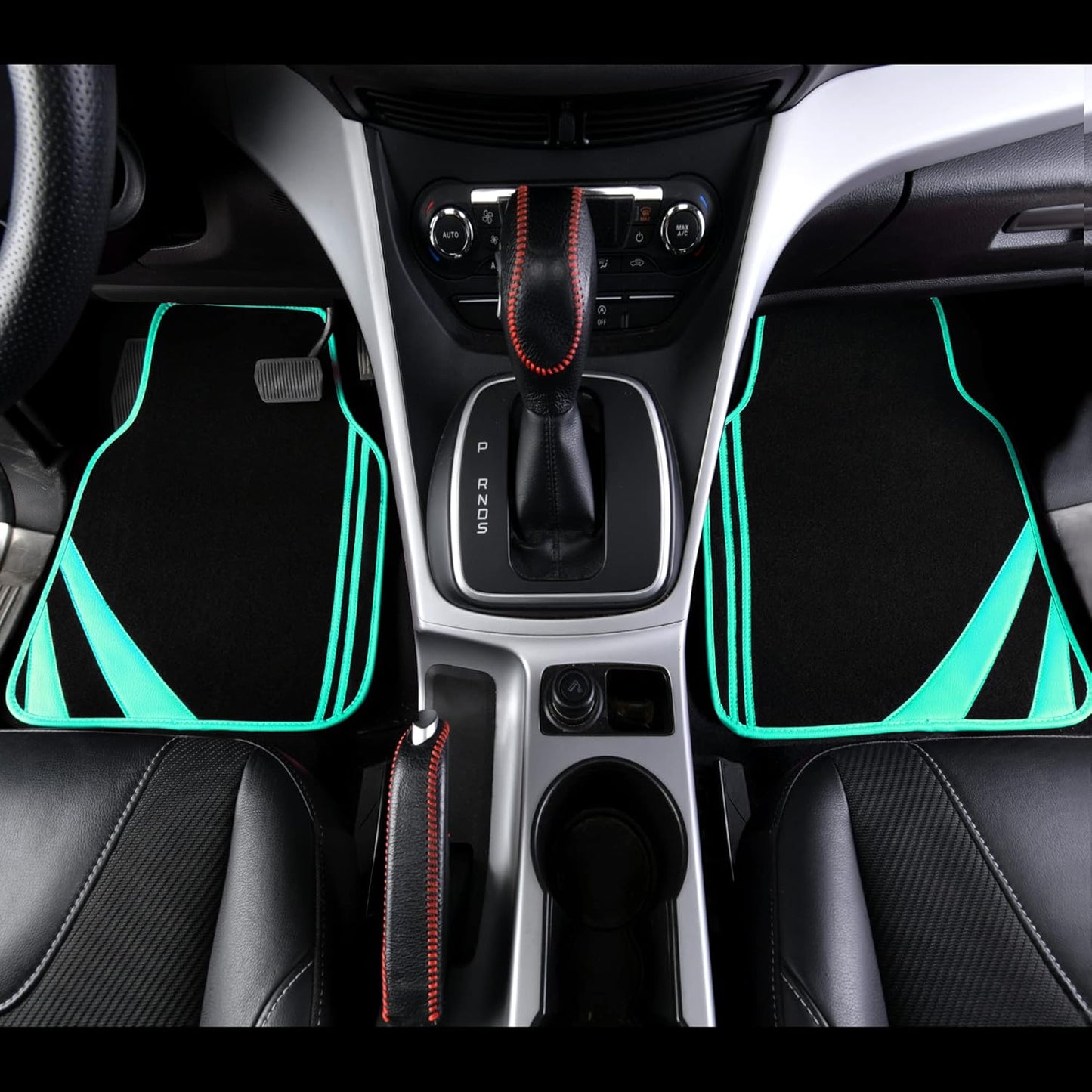 CAR PASS Mint Green Edge Leather Car Floor Mats, Universal Car Mats with Double Stitch Line and Anti-Slip Backing Design, for Cute Girly Women, Fit 95% Automotive,SUVs,Sedan,Vans (Black and Mint)