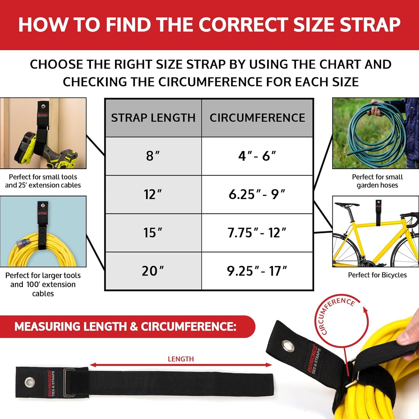 Heavy Duty Hanging Storage Cinch Straps with Metal Buckle (4 Pack, 1.5" x 12") - Electrical Extension Cord & Garden Hose Holder, Cable Management, Storage Organizer in Garage, Workshop - ENVISIONED