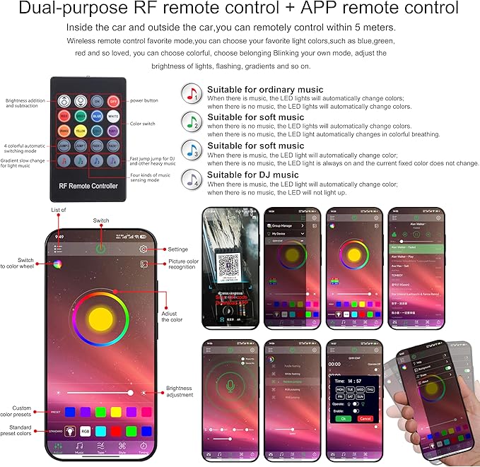 3 m Optic Fiber Car Ambient Lighting Kit Bluetooth App Control + RF Remote Control 64 Colors Multicoloured Music Interior Lighting Kit 12V 1W