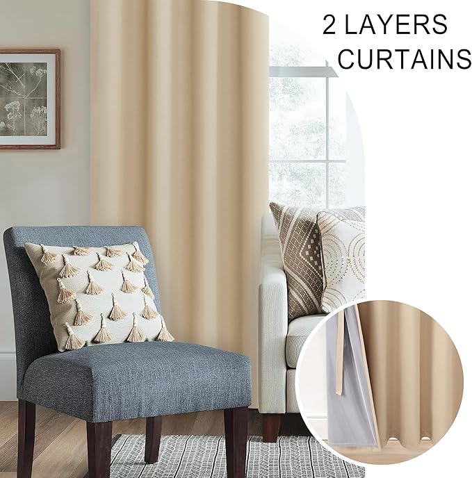 XWZO Full Blackout Curtains 84 Inches Long - Double Layer Full Room Darkening & Energy Efficiency Grommet Window Panels with Tiebacks for Bedroom/Living Room, Biscotti Beige, W52 x L84, Set of 2