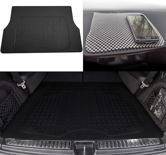 TLH Premium Trimmable Black Cargo Mat Car Trunk Liner Universal Fit Set w/Gray Dash Pad, Trimmable Automotive Floor Mats, Climaproof™ Floor Mats for Most Sedan, Cars, SUV, Truck Floor Mats.