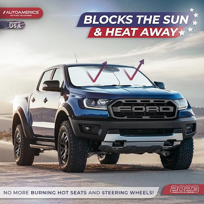 Autoamerics 2-Piece Windshield Sun Shade - Foldable Car Front Window Sunshade for Most Compact Sports Cars - Auto Sun Blocker Visor Protector Blocks 99% UV Rays and Keeps Your Vehicle Cool - Small Fit