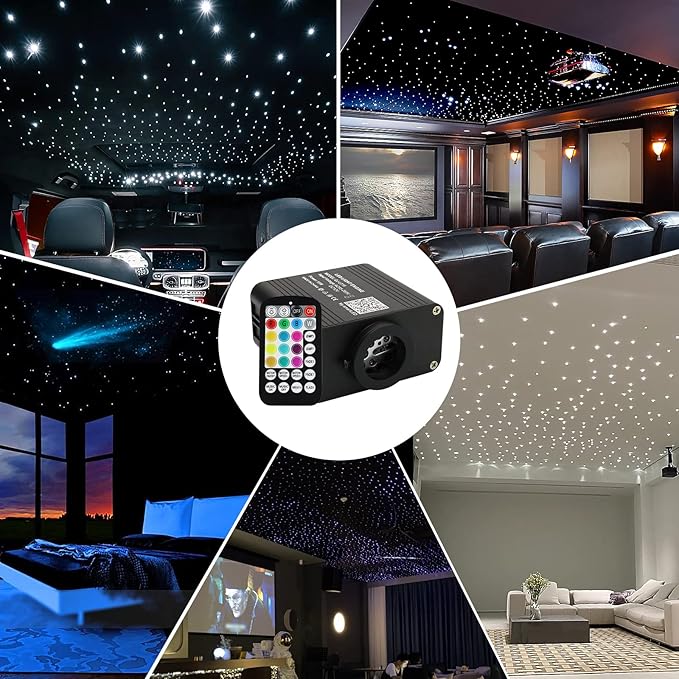 AMKI Updated 16W RGBW Fiber Optic Light Twinkle + Sound Activated Mixed 350pcs 0.03in 6.5ft Cables APP Remote Music Control Car Home Starlight Headliner Star Ceiling Light Kit