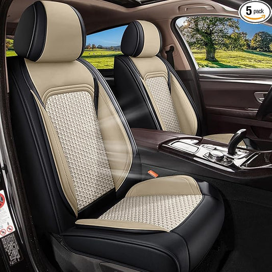 Car Seat Covers Full Set for Hyundai Santa Fe 2007-2024 2025 2026 - Breathable Cooling Ice Silk Leather Seat Cover - 5 Seats Vehicle Seat Cushion (Black&Beige)
