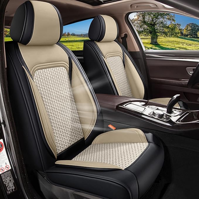 Car Seat Covers Front Seats for Mazda 3 2007-2019, Mazda3 Breathable Cooling Ice Silk Leather Car Seat Covers, 2 Seats Vehicle Seat Protector Seat Cushion Auto Accessories (Black&Beige)