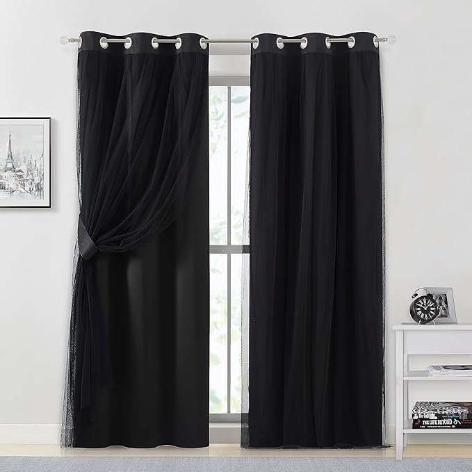 Bujasso Black Full Blackout Curtain Panels with Sheer Overlay Mix and Match Double Layer Thermal Insulated Window Treatment Set for Living Room Black Drapes with Tiebacks Grommet Top 37" Wx95 Lx2