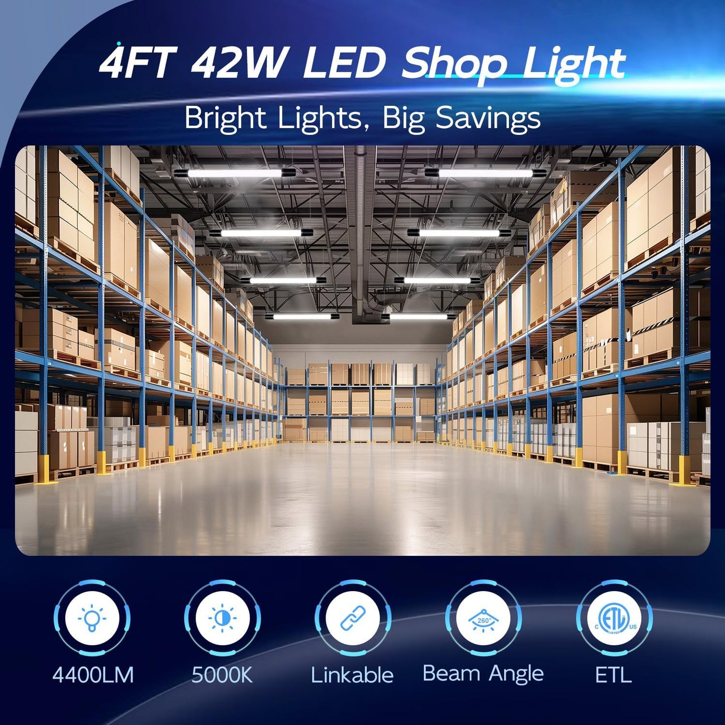 hykolity 6 Pack 4FT Linkable LED Shop Light, Utility Shop Light Fixture, 4400lm, 42W [250W Equivalent], 5000K Daylight Shop Lights for Garage, Hanging or Surface Mount, with Power Cord, ETL, Black