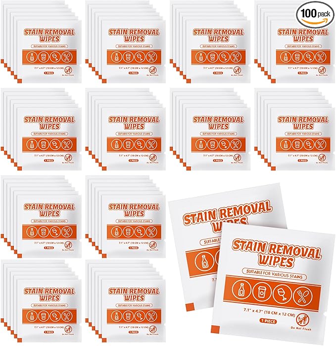 Stain Remover Wet Wipes Bulk, Individual Wrapped Clothes Portable Travel Messy Eater Cleaning Laundry Stain Removal Wipes Pocket Size for Clothing Fabric/Wine/Fast Food 7.1 x 4.7 Inch (White 100)