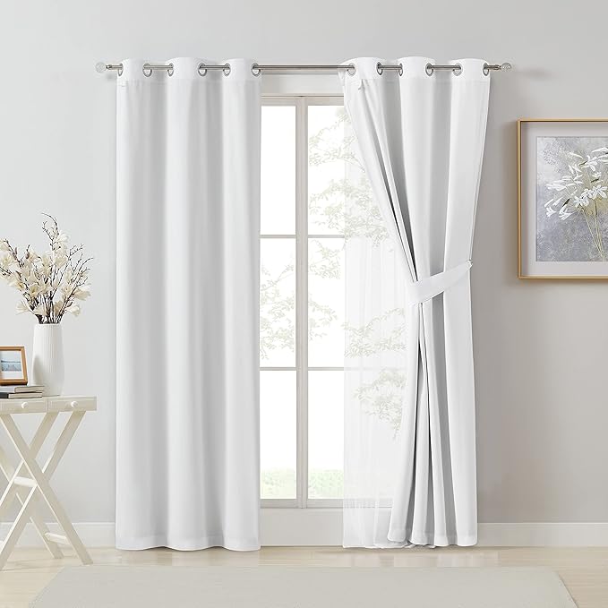 Bujasso White Full Blackout Curtain Panels with Sheer Overlay Mix and Match Double Layer Thermal Insulated Window Treatment Set for Living Room White Drapes with Tiebacks Grommet Top 37" Wx108 Lx2