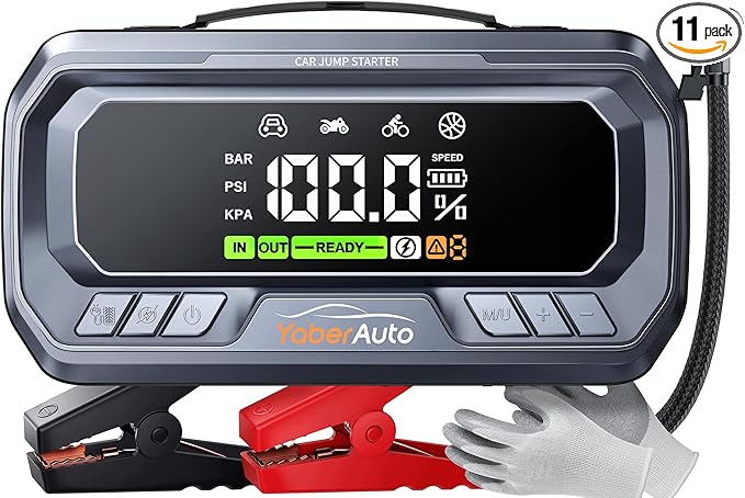 YaberAuto 12-in-1 Jump Starter with Air Compressor 8000A 160PSI 65W Charging, Portable Car Battery Jump Starter (All Gas/14L Diesel) Jump Box Car Battery Jumper Starter Portable Jumper Cables, 160W DC