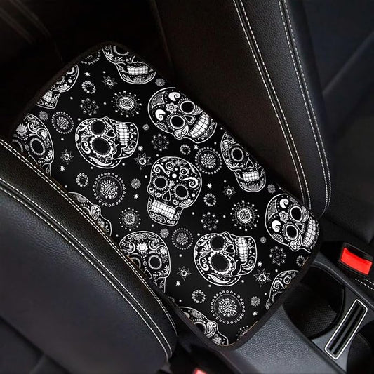 Dreaweet Halloween Center Console Cover for Car Hippie Skull Black Arm Rest Cover Pad Horror Car Accessories Decor Universal Armrest Cover for Cars Trucks SUV Sedan