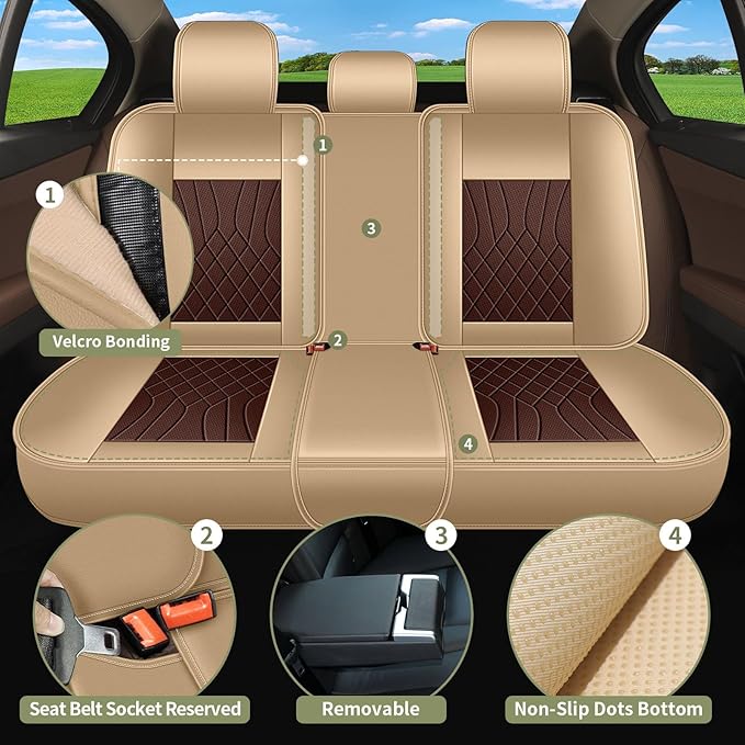 Breathable Car Seat Covers for Hyundai Santa Fe 2007-2025 2026, Perforated Leather Full Set 5 Seats, for Hyundai Santa Fe Accessories (Beige&Brown)