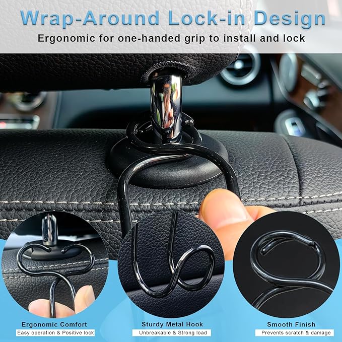 4 Pack Purse Hook for Car SUV Truck Seat Front Back Organizer Metal Hanger Headrest Holder for Handbag, Bag, Hardhat, Grocery Road Trip Must Haves Car Gadgets Accessories for Women (2*Small + 2*Large)