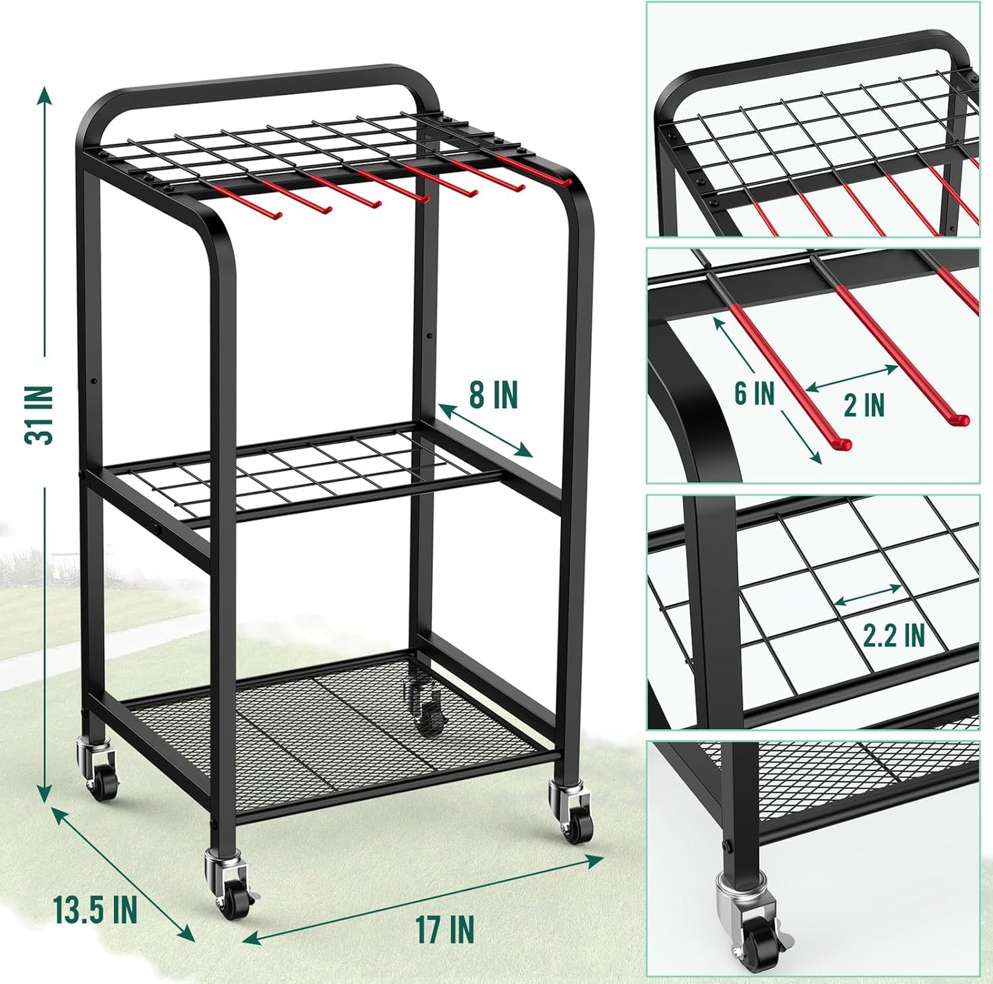Trieez Garden Tool Organizer for Garage, Yard Tool Organizer with Wheels for Garage Organization and Storage - Sturdy Yard Tool Holder Tool Rack, for Shed, Outdoor, Tool Stand