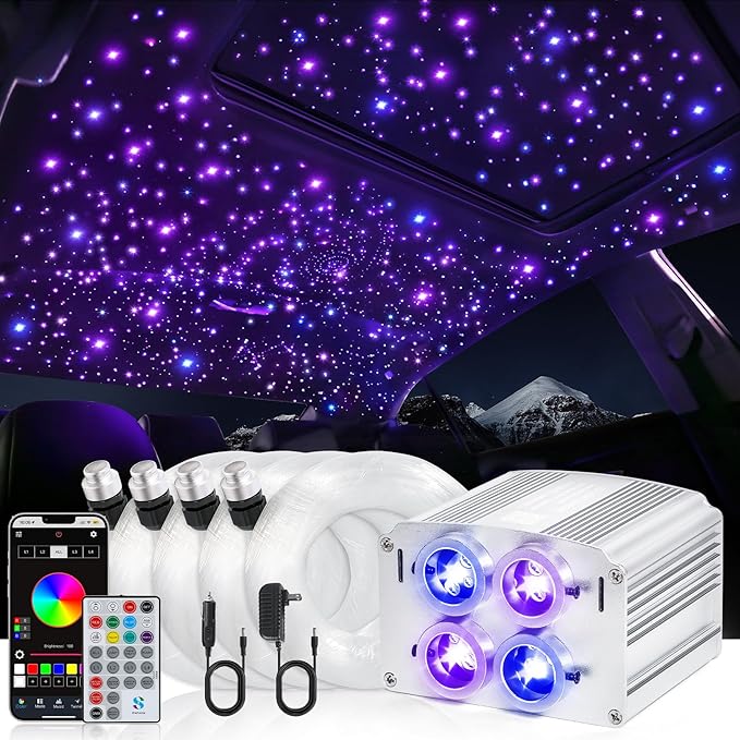 4 Colors 32W Twinkle Car Starlight Headliner Kit 800pcs*0.03in*13.1ft with APP&RF Remote,RGBW Fiber Optic Strands Star Roof Lights,4 Port Engine Sound Activated Ceiling Star Lights for Home/Car Decor