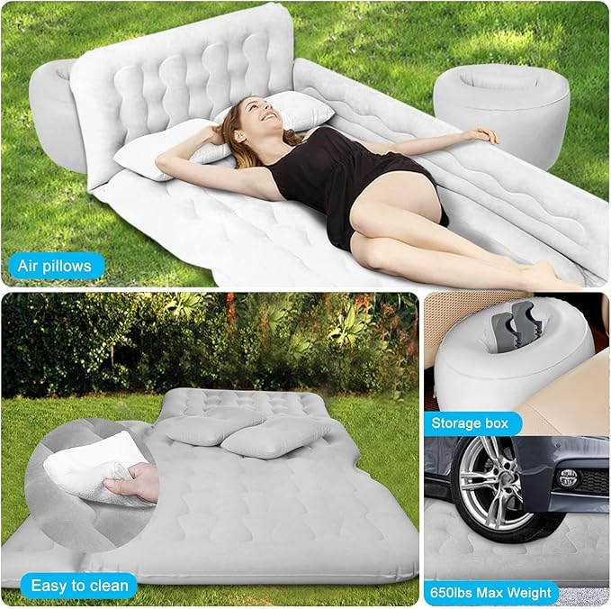 ISWEES Car Bed SUV Air Mattress, Car Air Mattress with Electric Pump, 2 Inflatable Pillows and 2 Footrests for Back Seat, Side Seat,Trunk Sleeping, Thickened Camping Bed - Grey