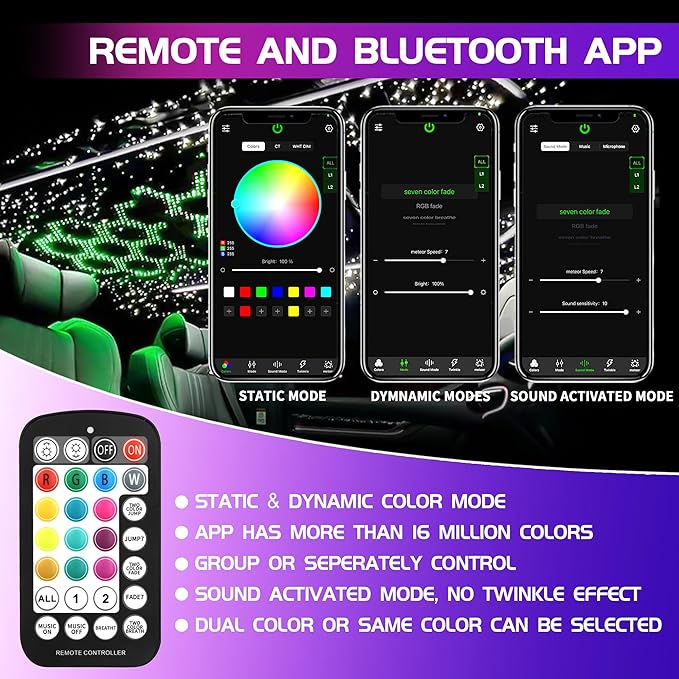 ATOKEE 32W Dual Color Starlight Headliner Kit, Sound Activated Fiber Optic Star Roof Lights with APP/Remote Control, 600pcs 0.03in 9.8ft