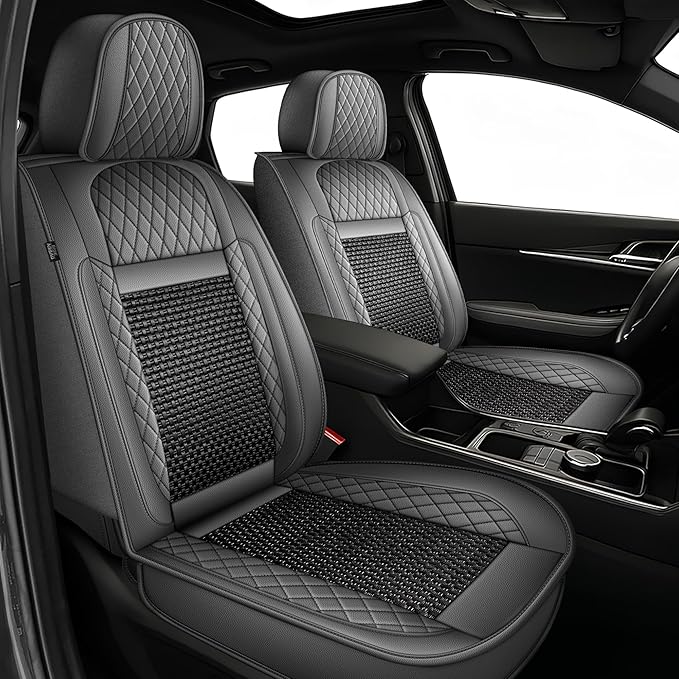 TTX LIGHTING for Ford Flex 2011-2019 Car Seat Covers, Breathable Ice Silk & Leather Seat Protector, Cool & Anti-Sweat for Long Driving, Airbag Compatible, 2 Front Seats (Black&Gray)