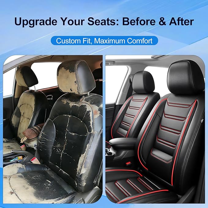 Fit CX-30 Car Seat Covers (Front Pair) for Select Mazda CX30 2020-2025 - Premium Full Coverage Leather, Airbag Compatible, Luxury Waterproof & All Weather Breathable Seat Protector, Red Trim