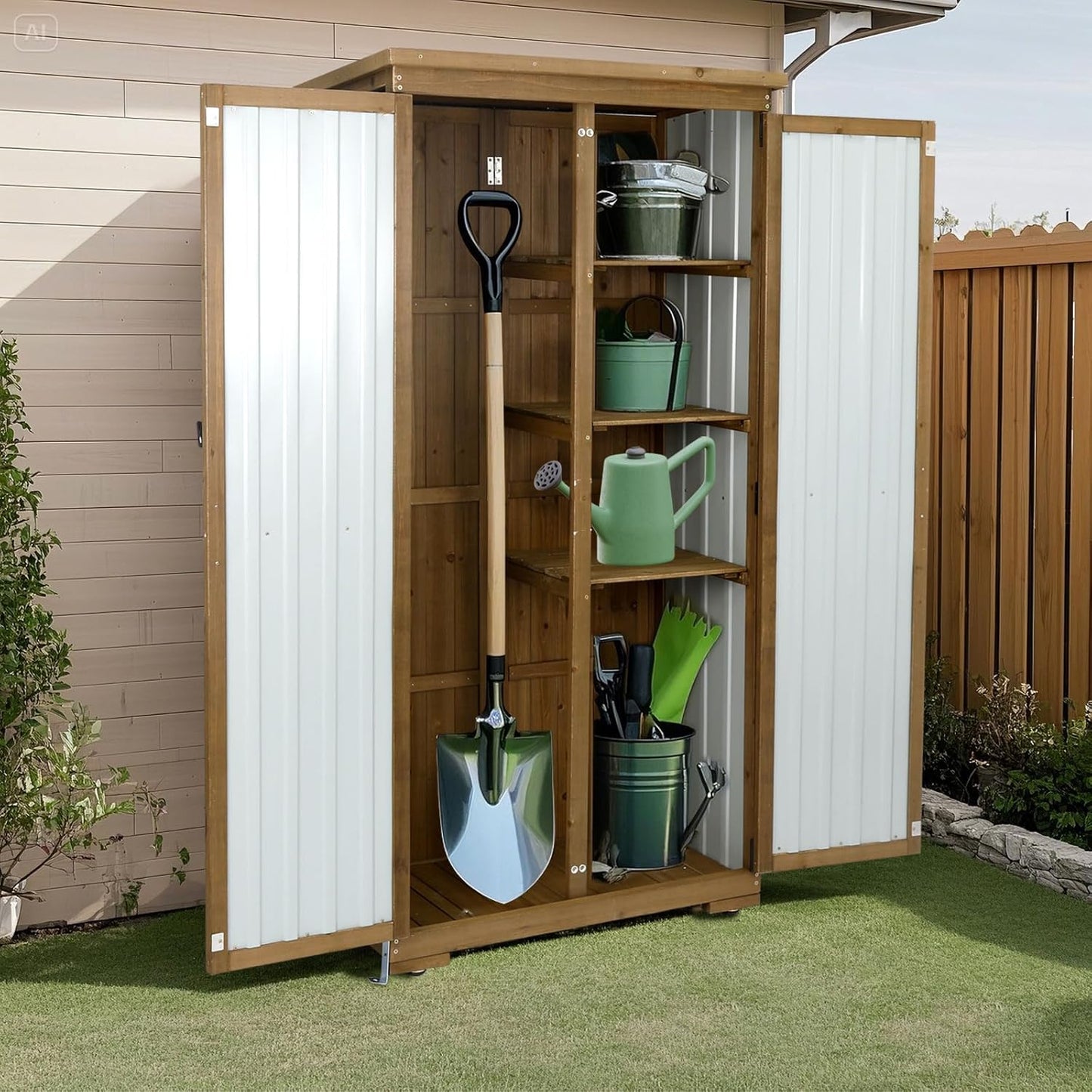 Outdoor Storage Cabinet,Wood & Metal Storage Shed with Lockable Doors & Adjustable Shelves,Vertical Outdoor Cabinets Weatherproof for Patio Backyard, Gardening Tools and Accessories,Brown