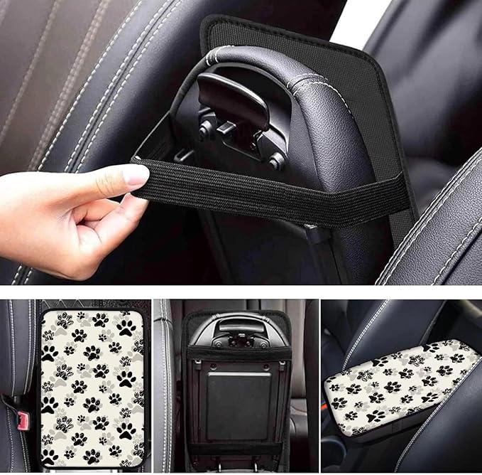 Dreaweet Black Dog Paw Print Car Center Console Cover for Women Cute Car Armrest Cover Center Console Cushion Pad Soft Comfy Arm Rest Cover for Car Truck SUV Van