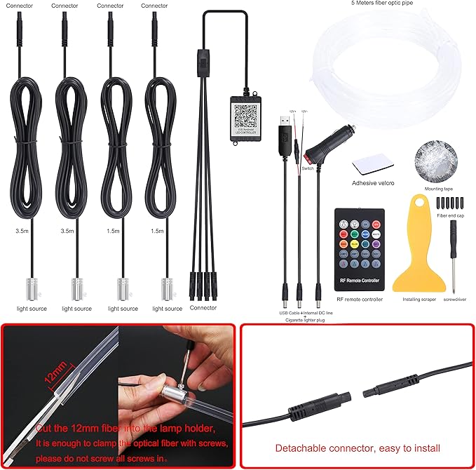 Car Ambient Lighting Optic Fiber 64 Colors Music Sound Active with RF Remote Control + APP Control Car Decorative Atmosphere Lighting Kit DC 12V 1W 5m
