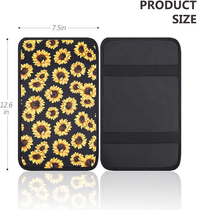 JEOCODY Sunflowers Cow Print Car Center Console Armrest Cover Car Interior Decorative Accessories Universal Fit for Sedan, Truck, SUV
