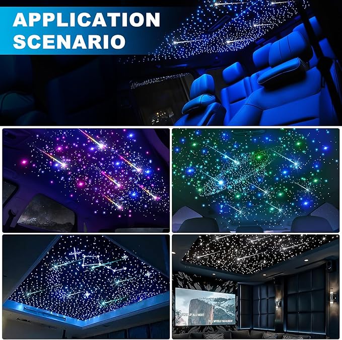 Car Starlight Headliner Kit, 4 Colors 32W Twinkle & Meteor Fiber Optic Ceiling Lights, 2 in 1 Light Engine 1000pcs*0.03in*13.1ft+240 RGBW Shooting Stars Lights for Car Roof Décor