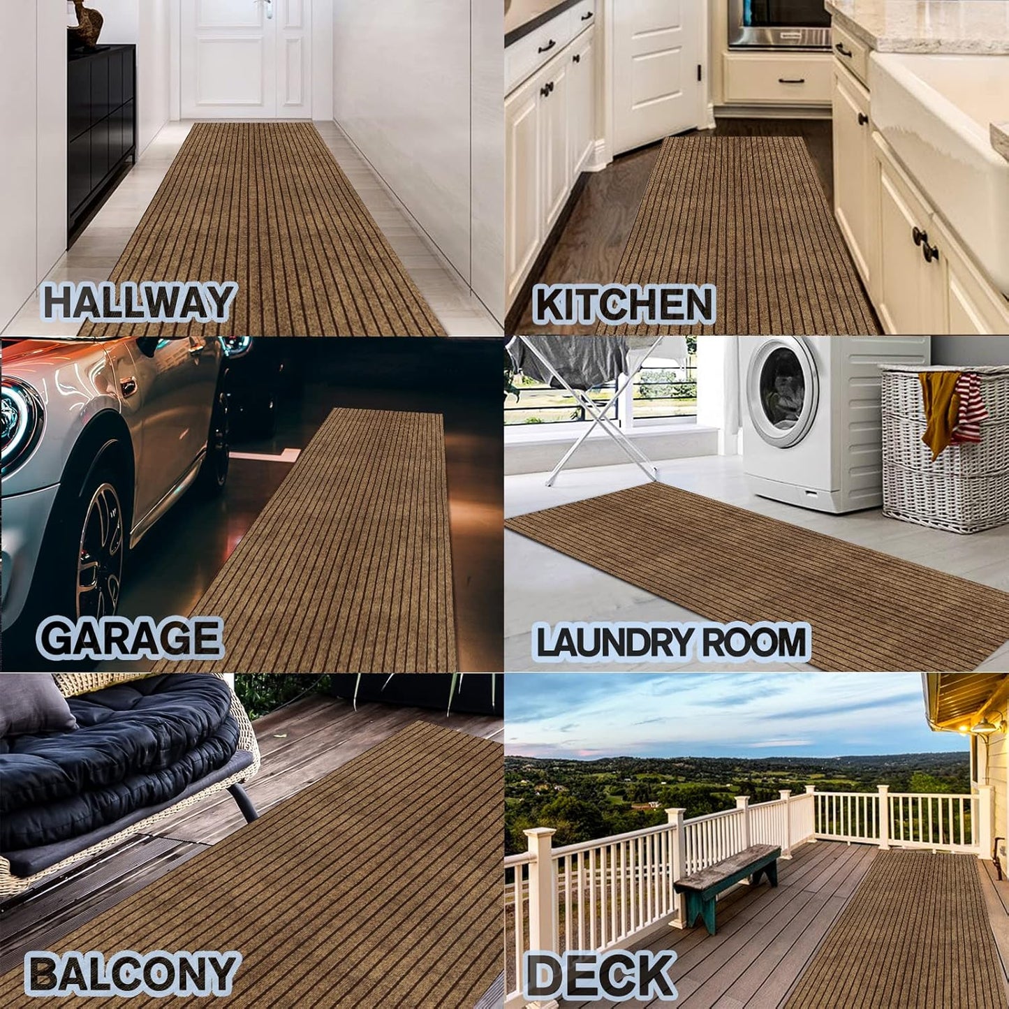 Custom Size Backed Non-Slip Area Rugs Runner, Easy Clean, Waterproof Runner Rugs for Hallway Entryway, Kitchen, Laundry, 3FT x 32FT, Brown Stripe