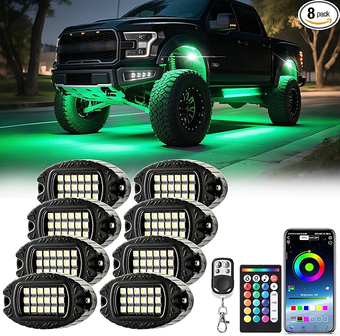 8 Pods Metal RGBW Rock Lights,LED Upgraded RGB Underglow Lights for Truck Jeeps ATV UTV Golf Cart RZR SXS Offroad,IP68 Waterproof Metal Multicolor Neon Underglow Kit with APP/RF Remote Music Mode,12V
