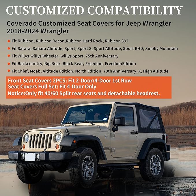 Coverado Wrangler JK Seat Covers 4 Door for Jeep, Waterproof Leather Car Seat Cover for Jeep Wrangler Vehicle Truck Accessories Custom Fit for 2008-2012 Jeep Wrangler Seat Covers Full Coverage(Blue)