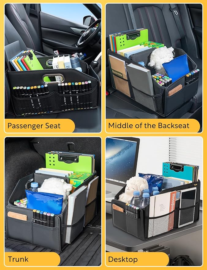 Car Seat Organizer, Front Seat Organizer, Collapsible Car Organizer and Storage for Backseat and Passenger Seat, Big Capacity with Elastic Bands can Hold Cups, Car Travel Essentials for Kids