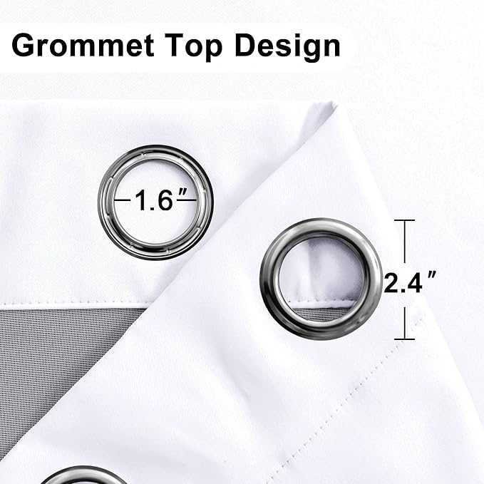 XWZO White 100% Blackout Curtains - Heat and Full Light Blocking Drapes with Black Liner for Bedroom/Laundry Room, Grommet Top Window Panels with Tiebacks, White, W42 x L63, Set of 2