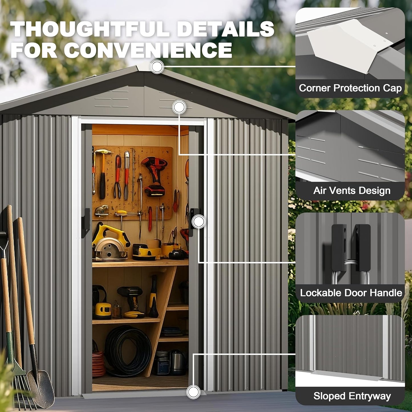 Nuu Garden 6 x 4 FT Outdoor Storage Shed with Sliding Doors, Galvanized Metal Garden Shed with Sloping Roof, Anti-Corrosion Outdoor Tool Shed with Air Vents for Backyard, Patio, Lawn, Gray