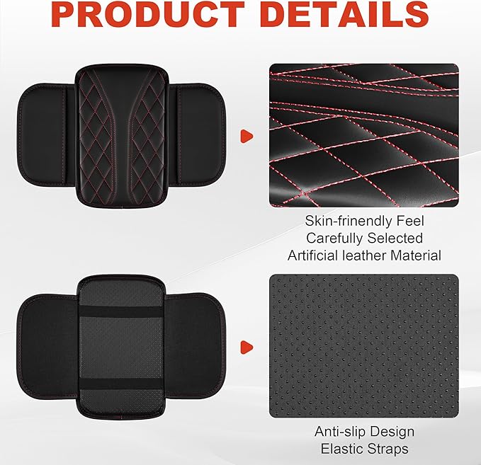 Center Console Cover Fit for Kia Soul 2010-2025 with 2 Storage Bags Waterproof Leather Quilted Pattern Car Armrest Cover Cushion Anti - Slip(002#Black&Red Line)
