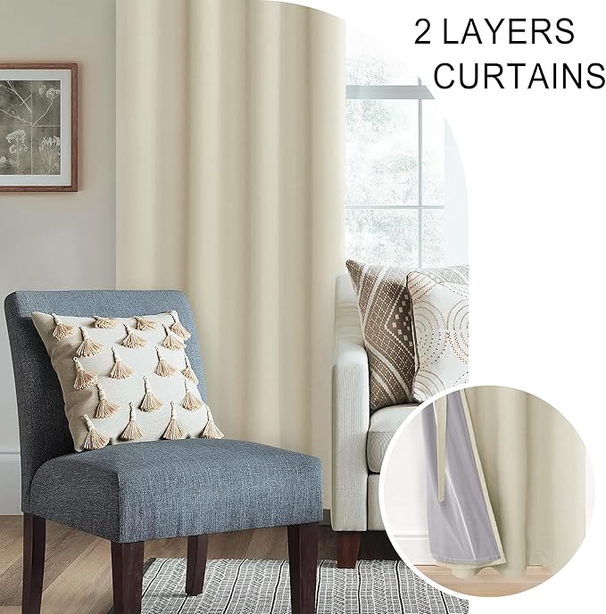 XWZO Total Blackout Curtains 54 Inches Long - Double Layer Full Room Darkening & Energy Efficiency Grommet Window Panels with Tiebacks for Short Windows/Basement, Beige, W52 x L54, Set of 2