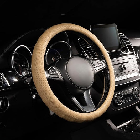 Lord Autofashion Steering Wheel Cover – PU Leather, Non-Slip Rubber Inner, All-Season Comfort – 14.5–15 Inch (Beige 8571)