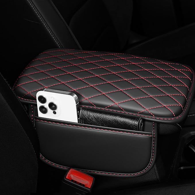 Center Console Cover Fit for Kia Soul 2010-2025 with 2 Storage Bags Waterproof Leather Quilted Pattern Car Armrest Cover Cushion Anti - Slip(Black&Red Line)