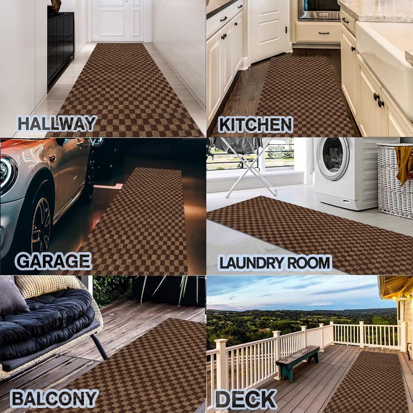 Custom Size Backed Non-Slip Area Rugs Runner, Easy Clean, Waterproof Runner Rugs for Hallway Entryway, Kitchen, Laundry, 2FT x 58FT, Brown Checkered