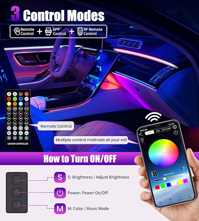 KENANEK 55.12inch Acrylic LED Lights for Car– 8 Dreamcolor Interior Car LED Strip Light, APP/Remote/Control Box, Music Sync, Dual USB Cigarette Lighter, Universal Fit for Car/SUV/Truck