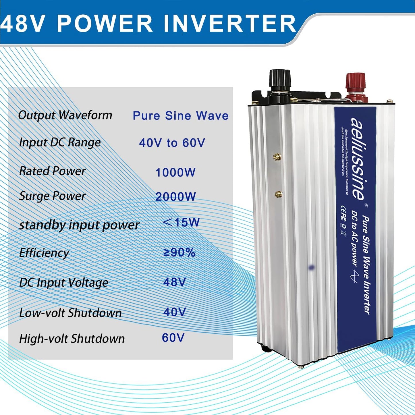 1000W Pure Sine Wave Inverter-48V DC to 110V 120V AC Power Converter with 2 AC Outlets, 48 Volt Power Inverter for Home, Emergency Power