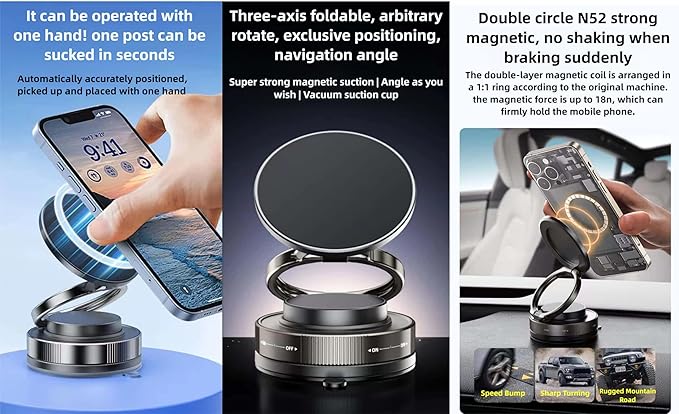 Vacuum Magnetic Car Phone Holder 361° Adjustable Foldable Portable Magnetic Phone Holder for Car for Car/Gym/Mirror/Smooth Surface Suction Cup Phone Mount Compatible for All Smartphones (Black)