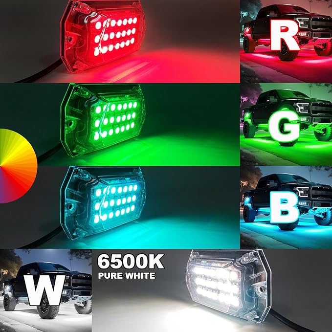 16 Pods Full Angle RGBW LED Rock Lights, 6500K Pure White RGB Rock Light for Truck Jeeps Pickup Offroad Golf Cart Boat RV UTV Underbody, 12V Waterproof Neon Underglow Kit with APP/RF Remote Sync Music